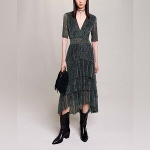 Maje  Metallic fiber dress with ruffles in dark green shade color